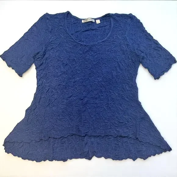 Sno Skins Dreamcatcher Crinkle Top Blouse Sz Large Scoop Neck Blue Soft Stretch - Picture 2 of 8